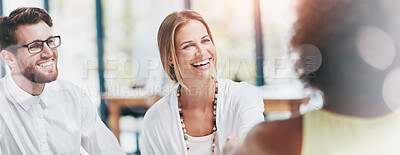 Buy stock photo Shot of a group of businesspeople meeting a new colleague