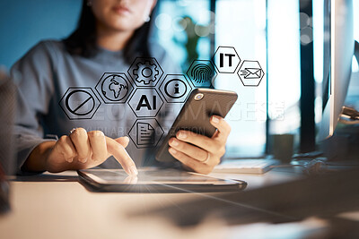 Buy stock photo Hands, smartphone and icon of app, overlay and person with technology, online and digital tools in home. Finger, freelancer and communication with mobile, download and woman with tablet and website