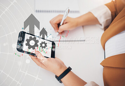 Buy stock photo Phone screen, overlay and finance with hands of person in office for blockchain developer, stock market broker and app. Secure transaction, arrows and trading platform graph with closeup of employee