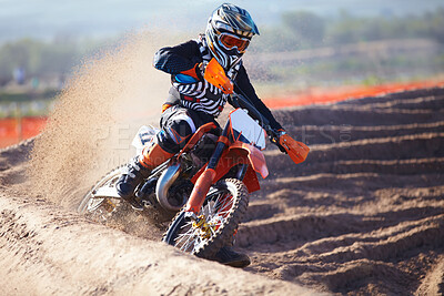 Buy stock photo Motorbike, sport and action with dirt for competition with power or speed on course for transportation. Race, bike and professional driver in desert for adventure or sports at a rally with energy.