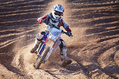 Buy stock photo Competition, dirt and bike with speed and power in desert for sports or challenge. Motorbike, action and trail with sand for race with sport or freedom in sand for adventure in outdoor with travel.