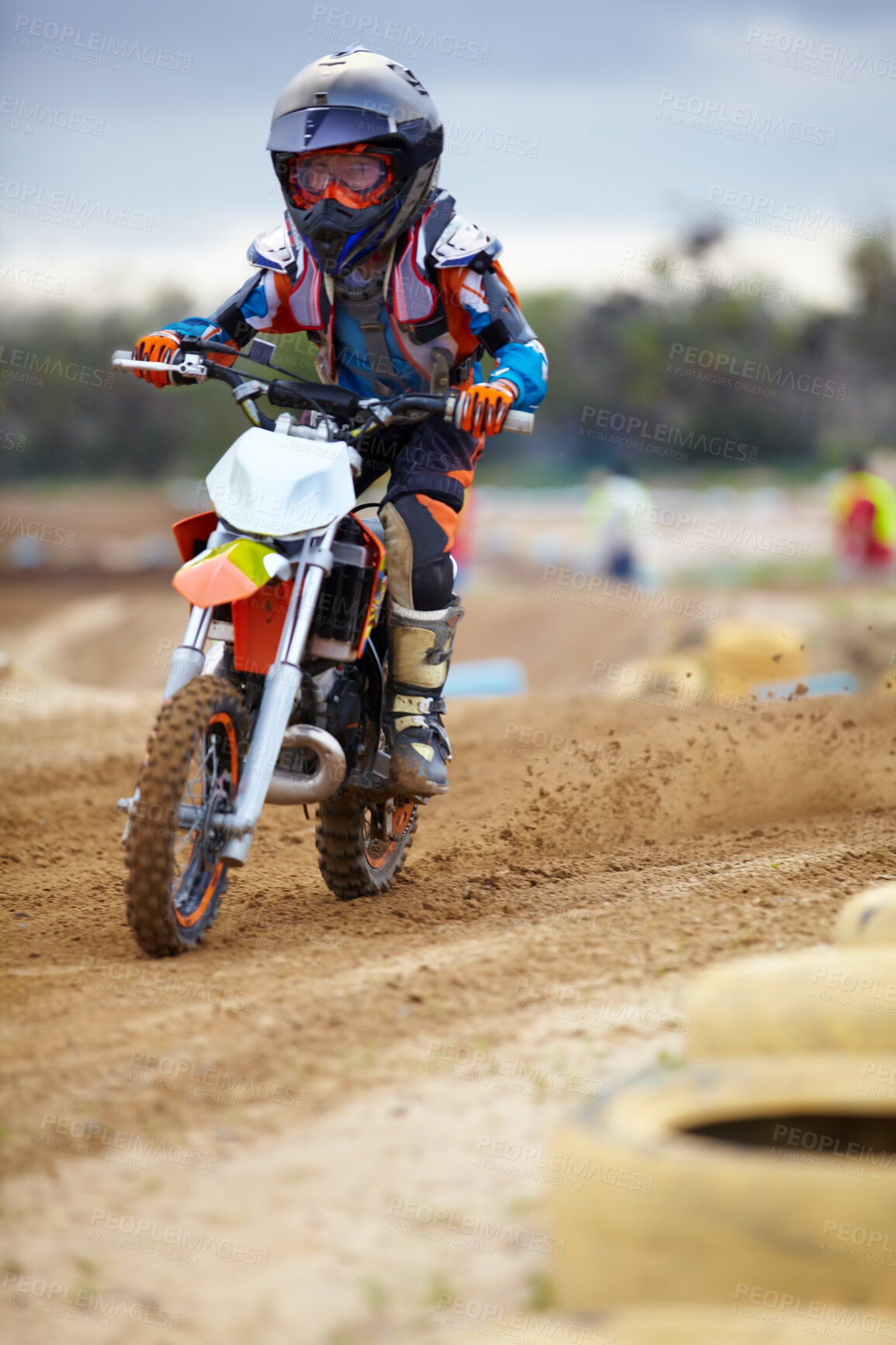 Buy stock photo Sports, dirt road and athlete riding a motorcycle with speed for a race or sport competition. Challenge, fitness and man biker on motorbike for adrenaline, training or practicing on outdoor mud trail