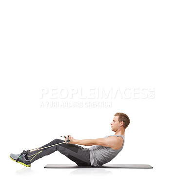 Buy stock photo Healthy, man and resistance band with fitness, training and wellness isolated on white studio background. Mockup space, person and model with workout, exercise and progress with energy and endurance