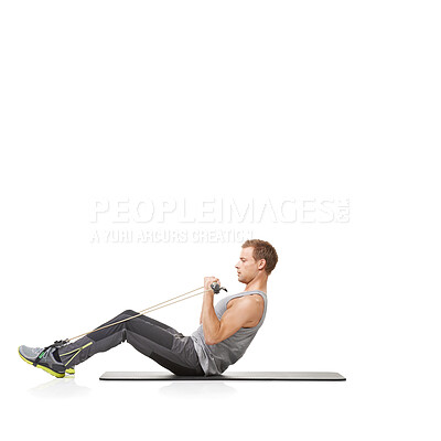 Buy stock photo Exercise, man and resistance band with wellness, training and fitness isolated on white studio background. Mockup space, person and model with workout, healthy and progress with energy and stretching