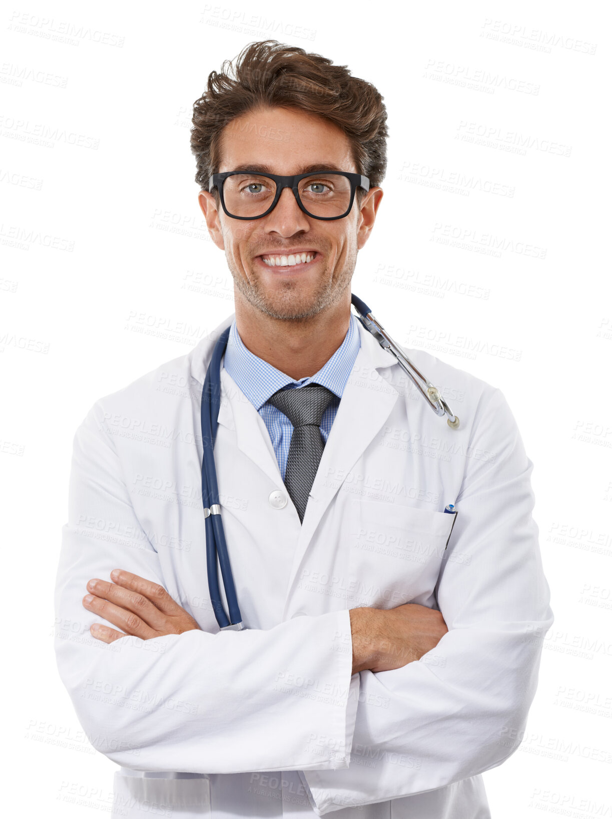 Buy stock photo Doctor, portrait and studio with happy in arms crossed and positive with medical career. Specialist, man or smile face of surgeon for medicine or healthcare employee for trust by white background