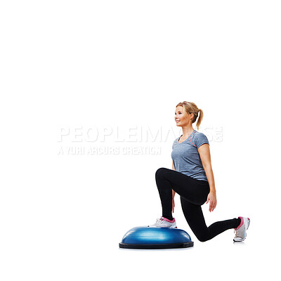 Buy stock photo Woman, ball or lunge balance in studio workout performance isolated on white background. Female athlete, training equipment or fitness for mockup space, legs challenge or body exercise for wellness