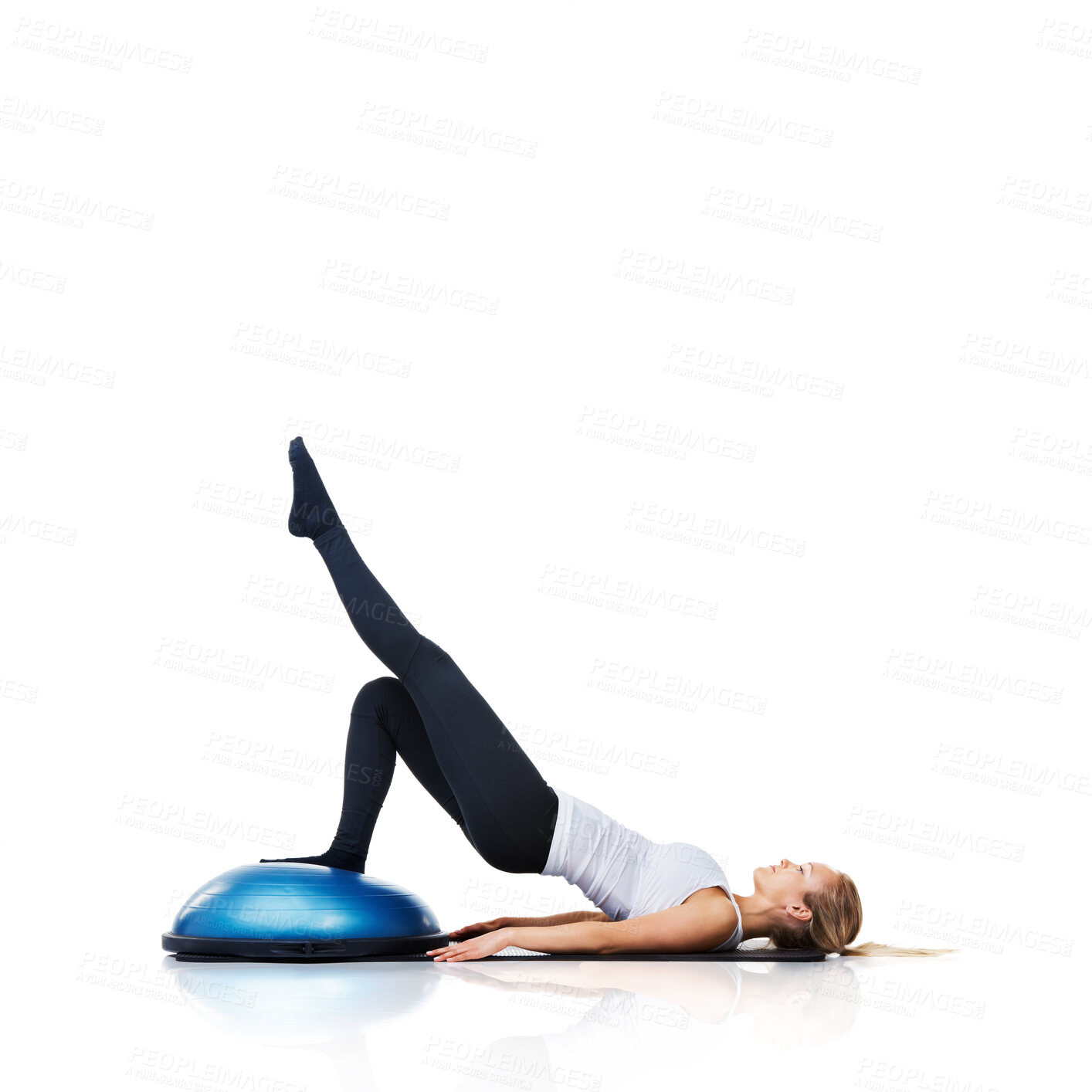 Buy stock photo Floor, ball or athlete stretching legs in body workout for core development isolated on white background. Woman, exercise equipment or fitness for studio mockup space, balance challenge or wellness