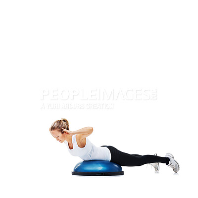 Buy stock photo Woman, half ball or core balance in studio workout performance isolated on white background. Female athlete, training equipment or fitness for mockup space, body challenge or exercise for wellness