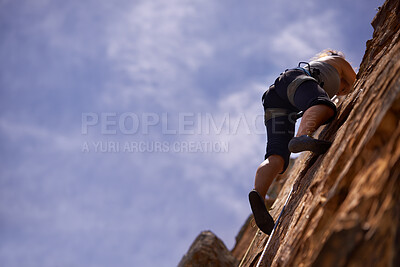 Buy stock photo Woman, rock climbing and workout for adventure, fitness and exercise in outdoors for extreme sports. Female person, mockup and nature for wellness, mountain and fearless activity for strength