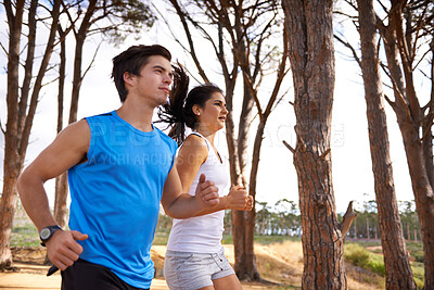 Buy stock photo Fitness, forest or couple in nature running for exercise, training or outdoor workout together. People, fast runners or athletes at a park for sports endurance, wellness or cardio challenge in woods