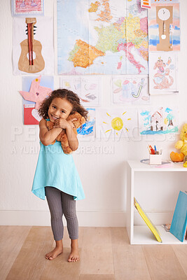 Buy stock photo Portrait of an adorable little girl holding her teddybear