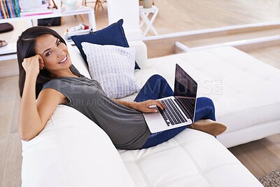 Buy stock photo Smile, laptop screen and portrait of woman on a sofa with social media, blog or web communication at home. Pc, mockup or face of female person in a living room with sign up or subscribe