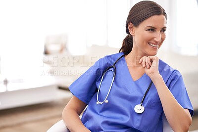 Buy stock photo Thinking, nurse and happy woman in hospital for healthcare, medicine or wellness of person. Vision, medical professional and smile of surgeon, employee or expert doctor planning future in clinic