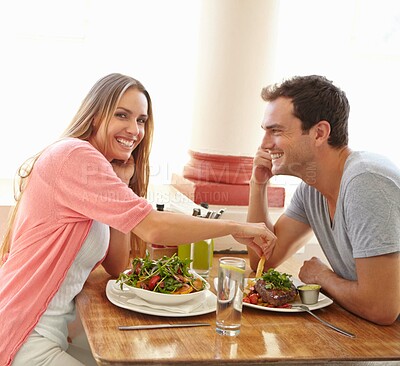 Buy stock photo Man, woman and portrait of date in cafe with eating, smile and romantic bonding together at table for brunch. Food, drink and happy couple in restaurant for weekend fun, love and laughing at lunch