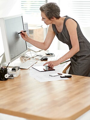 Buy stock photo Female person, architect and design with technology, planning and blueprint for project management. Work, mature woman and computer screen as designer or creative in office for development on tablet