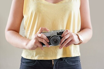 Buy stock photo Hands, woman and digital camera for photography with inspiration for art project, memories and collection. Female person, artist and freelancer with career, skill and talent for art and creative