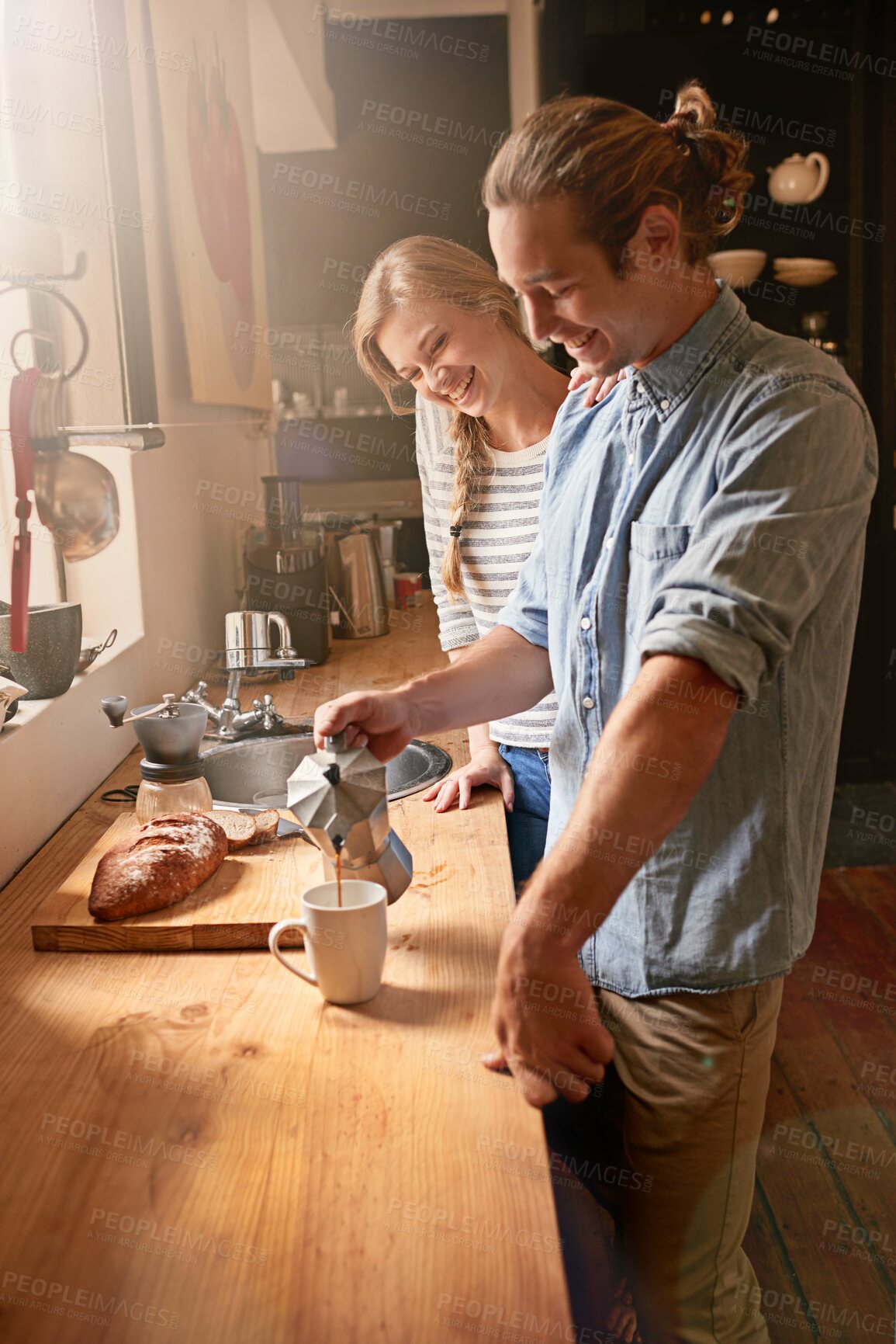 Buy stock photo Morning, happy and couple in kitchen with coffee in moka pot for caffeine beverage, warm drink and cappuccino. Apartment, home and man and woman with prep on counter for breakfast, aroma and espresso