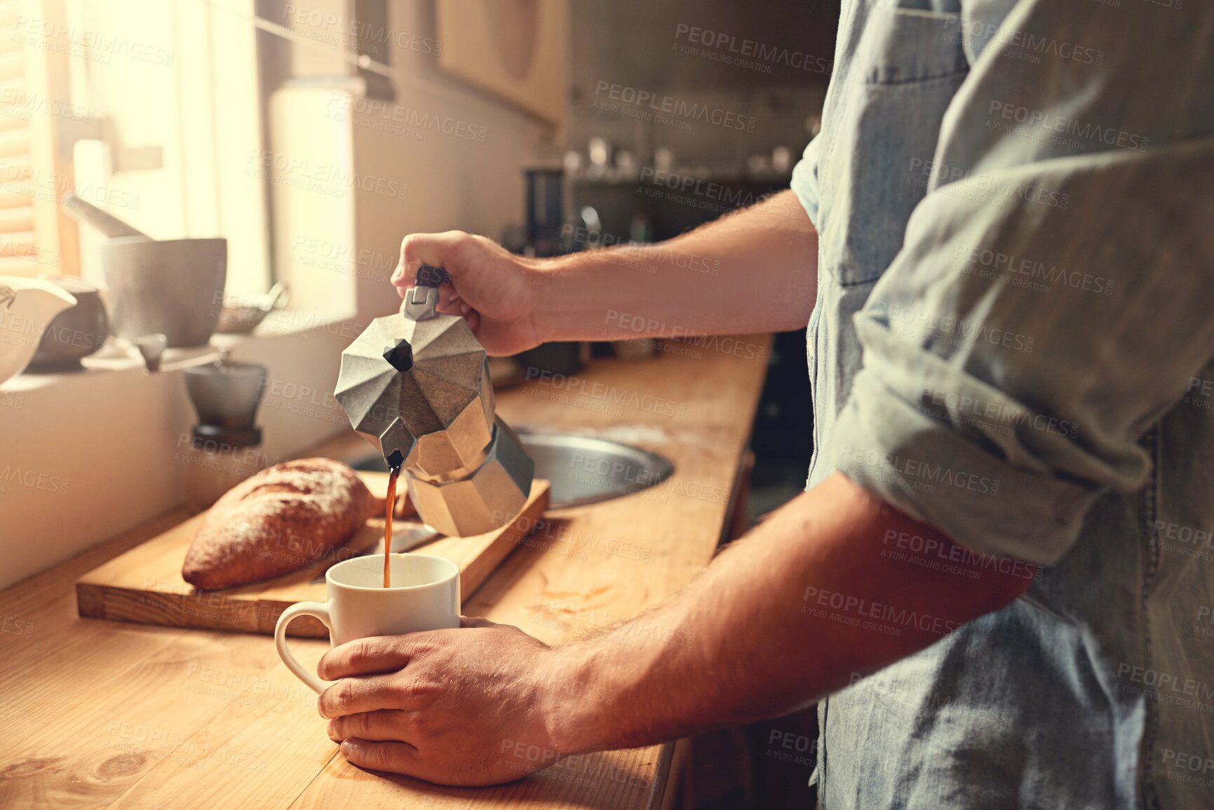 Buy stock photo Hands, person and barista with coffee at cafe for espresso process, catering service and drink production. Server, beverage and liquid with caffeine start, latte order and preparation for hospitality