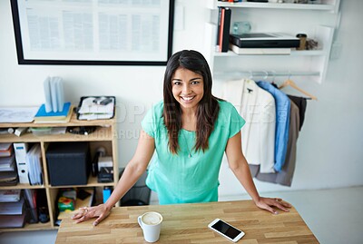 Buy stock photo Portrait, woman and fashion designer as tailor or entrepreneur for clothes in workshop as stylist. Female person, atelier. and happiness with pride or smile for online, small business and creativity