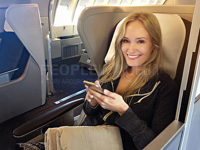 Buy stock photo Flight, woman and portrait with smartphone for travel, holiday adventure and notification for message. Female person, connection and mobile in airplane for international journey, transport or digital