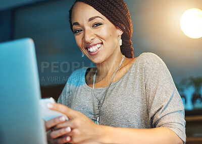 Buy stock photo Businesswoman, portrait and phone in office at night for text message, laptop break or happy with mobile chat. Smile, employee and technology at desk for social media scroll or web search at overtime