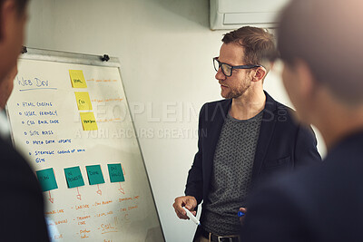 Buy stock photo Business, man and seminar with whiteboard in office for workflow steps and strategy process of interface feedback. Web developer, teamwork and diagram for user friendly website or software solutions