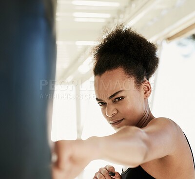 Buy stock photo Boxer, black woman and fitness as boxing in outdoor for workout or training with motivation for health or wellness as fighter. Active, female person and exercise with strength or cardio at home
