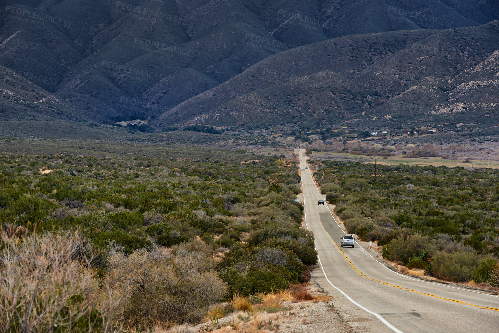 Buy stock photo Road, mountain or highway for nature, travel route or peace in environment, location or adventure. Switzerland, bushes or asphalt for car journey, transport or trip on holiday vacation in countryside