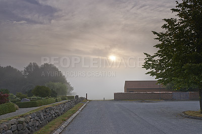 Buy stock photo Sky, winter or road at sunset for travel, scenic route and peace in environment, highway or adventure. Switzerland, outdoor or asphalt for journey, drive or trip on holiday vacation in countryside