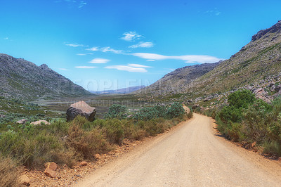 Buy stock photo Nature, mountains and trail with path for adventure, destination and outdoor location for hiking journey. Dirt road, sustainable and eco with growth for travel, wilderness or landscape in Switzerland