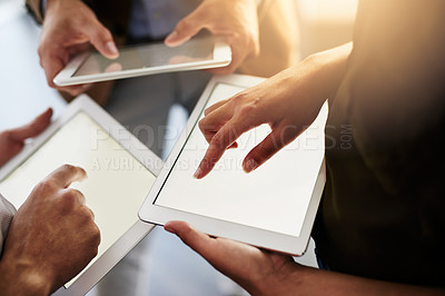 Buy stock photo Hands, tablet and business people in group with blank screen, stats and scroll for financial review at company. Teamwork, ux and digital touchscreen with mockup space, feedback and typing at agency