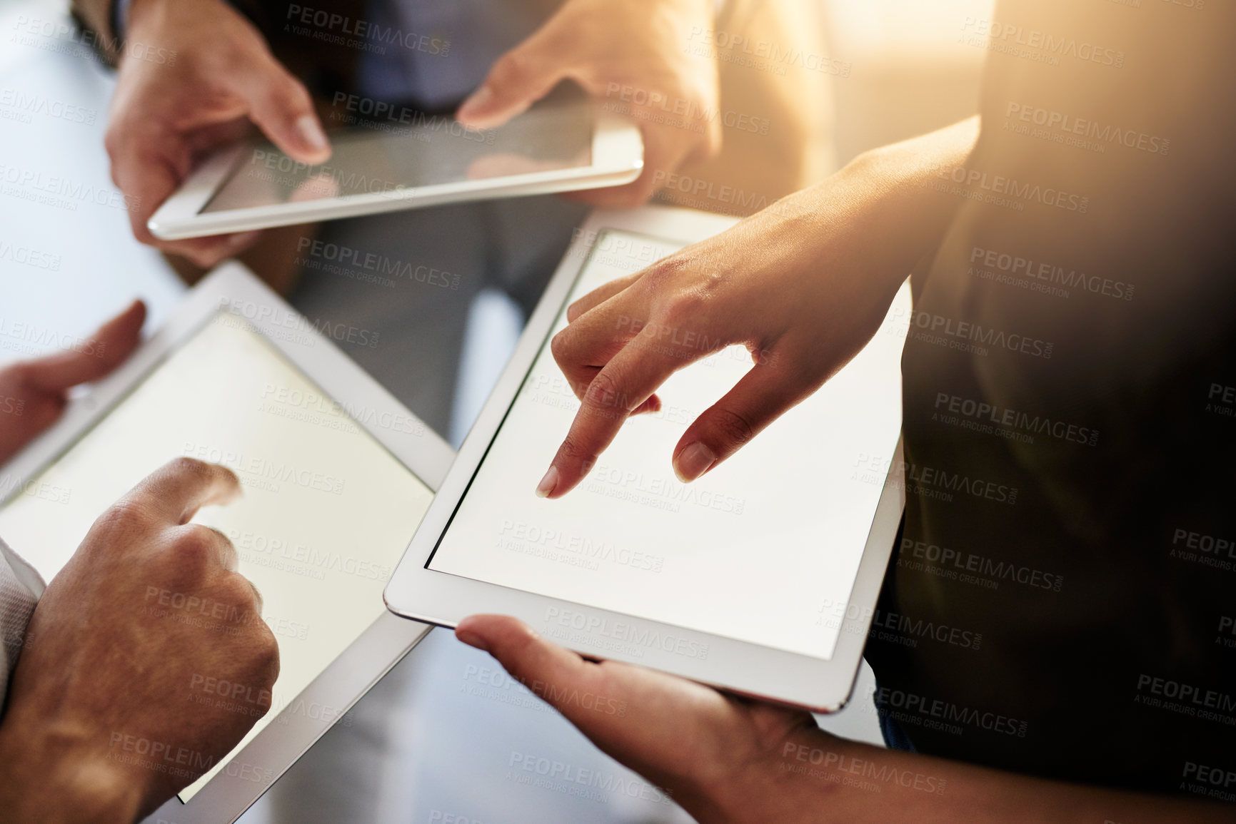 Buy stock photo Hands, tablet and business people in group with blank screen, stats and scroll for financial review at company. Teamwork, ux and digital touchscreen with mockup space, feedback and typing at agency