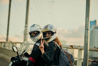 Buy stock photo Outdoor, couple and portrait with scooter for travel, adventure and connection with peace sign in city. Relationship, man and woman with helmet for safety, bonding and motorbike for transportation