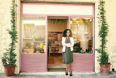 Buy stock photo Woman, confident and portrait at shop front for small business, creativity and pride. Entrepreneur, fashion designer and arms crossed at boutique for startup, shoemaker and repair service in Colombia