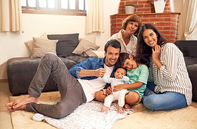 Buy stock photo Family, grandmother and portrait with baby in home, hug and bonding with newborn on floor. Happy parents, grandma and love in generations for security in connection, embrace and care for children