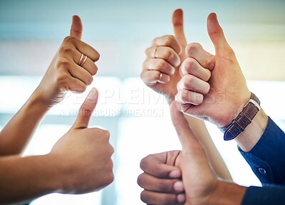 Buy stock photo Hands, thumbs up and team of business people closeup for success, yes and thank you for feedback in office. Group, like gesture and sign for agreement, support emoji and collaboration for good job