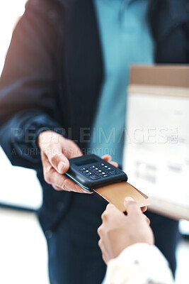 Buy stock photo Delivery box, hands and credit card for payment on pos machine, ecommerce and online shopping. Person, courier or customer with money for purchase, banking and shipping service for courier closeup