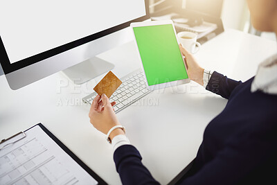 Buy stock photo Hands, person and credit card with tablet in office for online shopping, ecommerce payment and loan investment. Employee, mockup space and digital with fintech, banking app and information for retail