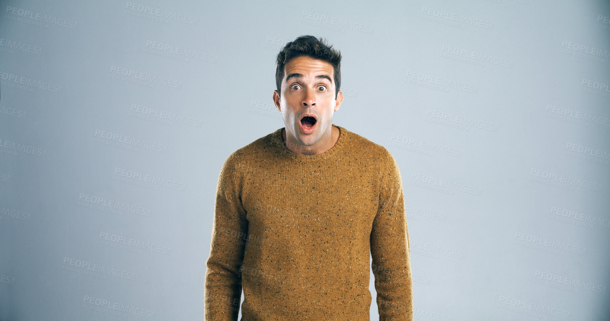 Buy stock photo Wow, man and surprised with portrait in studio for bad news, secret announcement and gossip story. Person, face and shocked expression on mockup space for drama or fake information on gray background