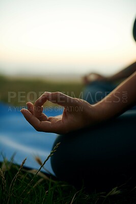 Buy stock photo Hand, meditation and zen with person outdoor for balance, inner peace or wellness closeup in nature. Health, holistic and yoga with mudra of yogi person for awareness, mindfulness and spirituality