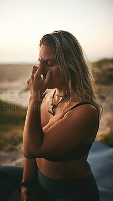 Buy stock photo Beach, yoga and meditation with woman, relax and fitness with wellness, healthy and calm. Seaside, person and yogi with practice, spiritual and nature with break, peaceful and vacation with chakra