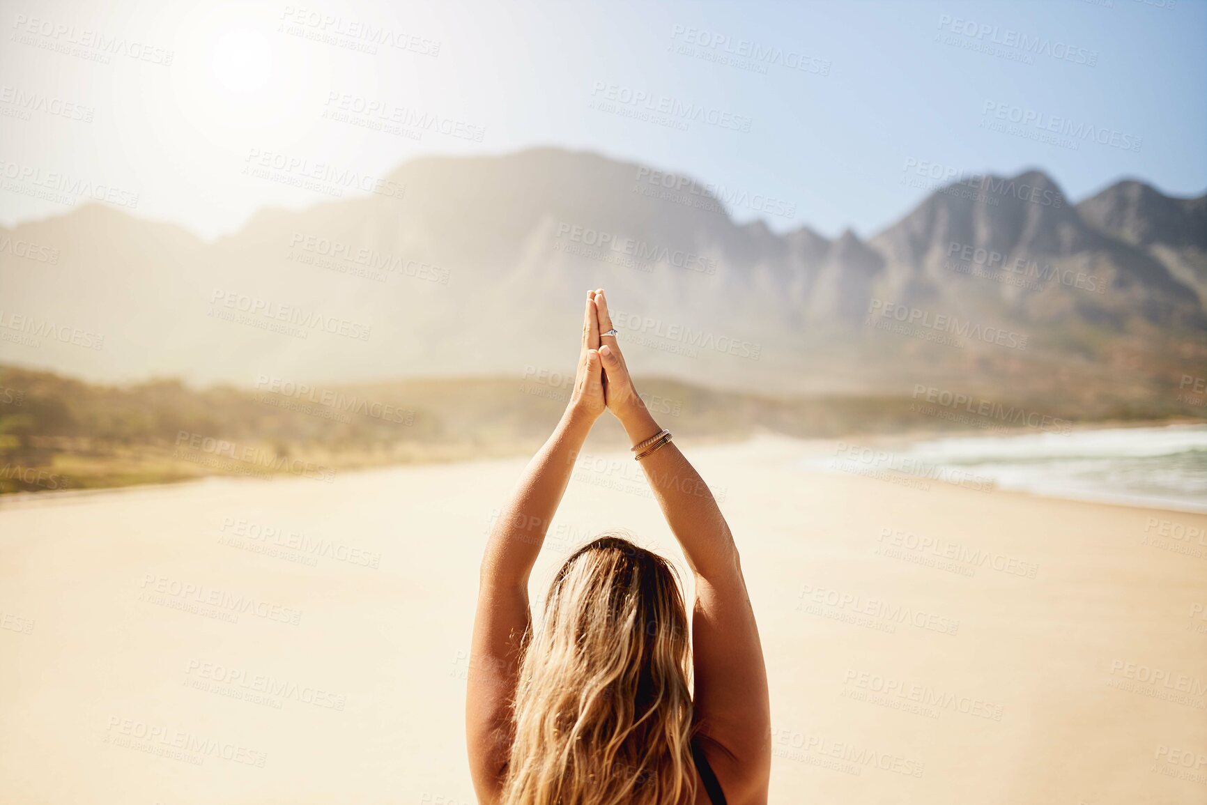 Buy stock photo Beach, back and woman with yoga, meditation and hands together with adventure, wellness and chakra. Peaceful, person and girl with ocean, nature and pilates with routine, zen and healthy athlete