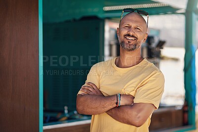 Buy stock photo Man, portrait and smile by cafe for holiday in city, freedom or adventure travel for wellness. Male tourist, outdoor and relax on vacation with happiness in Canada, sunshine for health by coffee shop