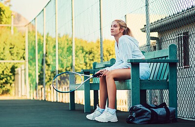 Buy stock photo Tennis, court and woman on bench waiting for match at fitness club, outdoor competition or training. Sports, workout and professional girl athlete thinking, planning and getting ready for game play