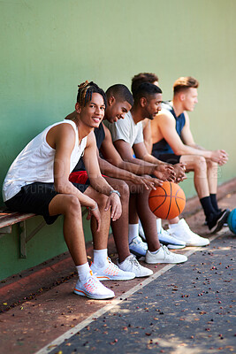 Buy stock photo Bench, basketball team or happy man on court for break, fitness exercise and wellness in sports match. Relax, tired athlete or portrait of healthy player resting for performance, workout and game