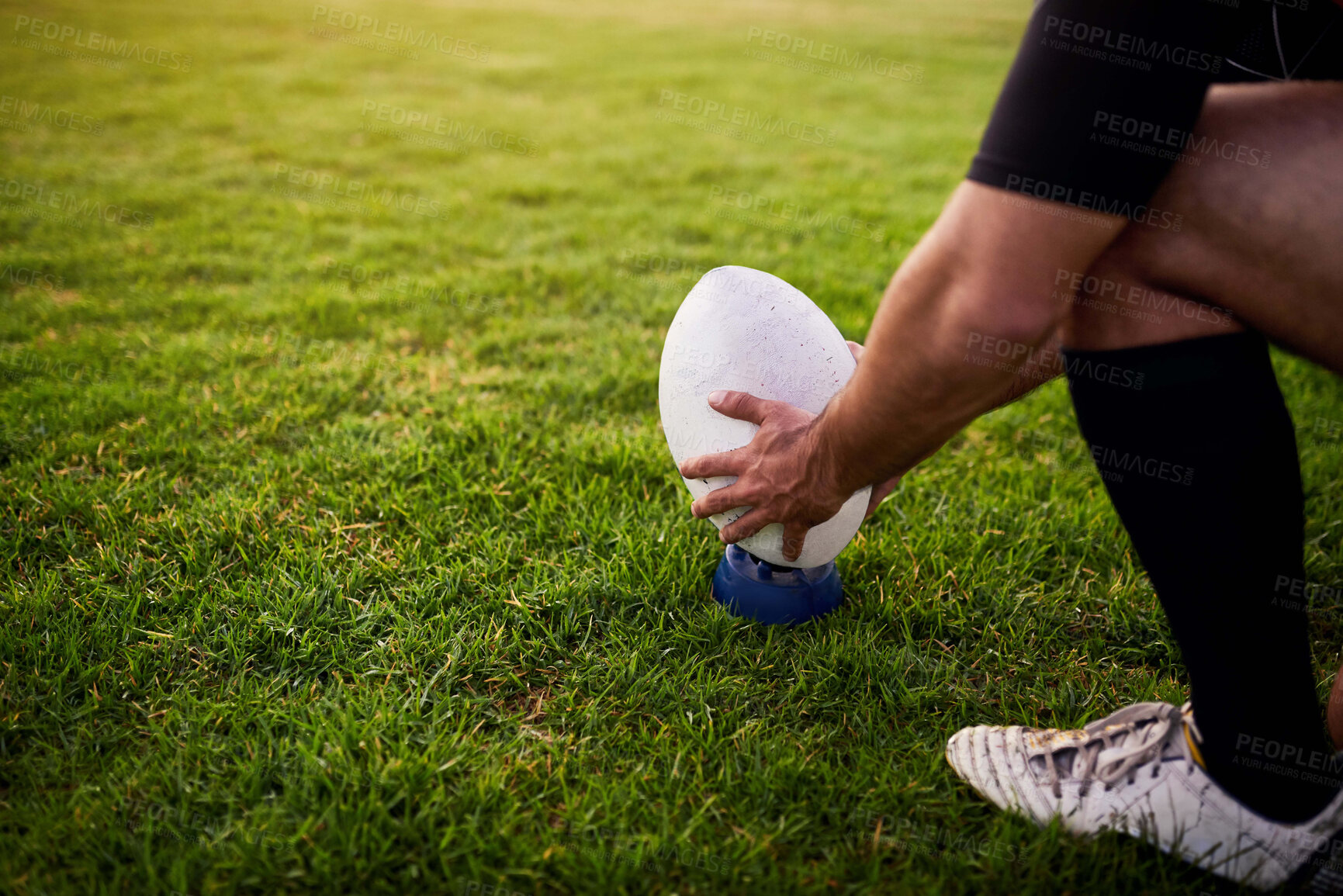 Buy stock photo Rugby, hands and player with ball, outdoor and performance for practice, game and fitness for athlete. Playground, grass and professional with strength, match and training for football and person