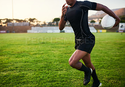 Buy stock photo Hands, energy and training with ball, rugby and outdoor for match, performance and athlete with fitness. Player, action and person in stadium, professional and preparing for competition and field