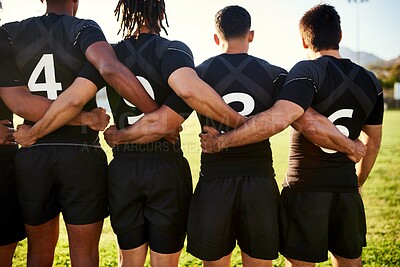 Buy stock photo People, back or rugby team standing on field for sports game, group or challenge in stadium together. Men, ready or professional players in line or row for respect, unity or tournament competition