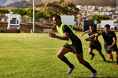 Buy stock photo Practice, rugby and men running on field for match, fitness and game in tournament competition. Team, fast and players playing sports on pitch for speed exercise, training or performance to score