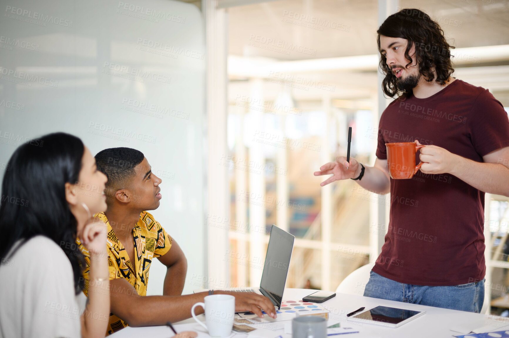 Buy stock photo Group, talking and laptop for research, online and collaboration for web design, smile and office. Boardroom, men and woman with diversity, communication and people with teamwork and planning